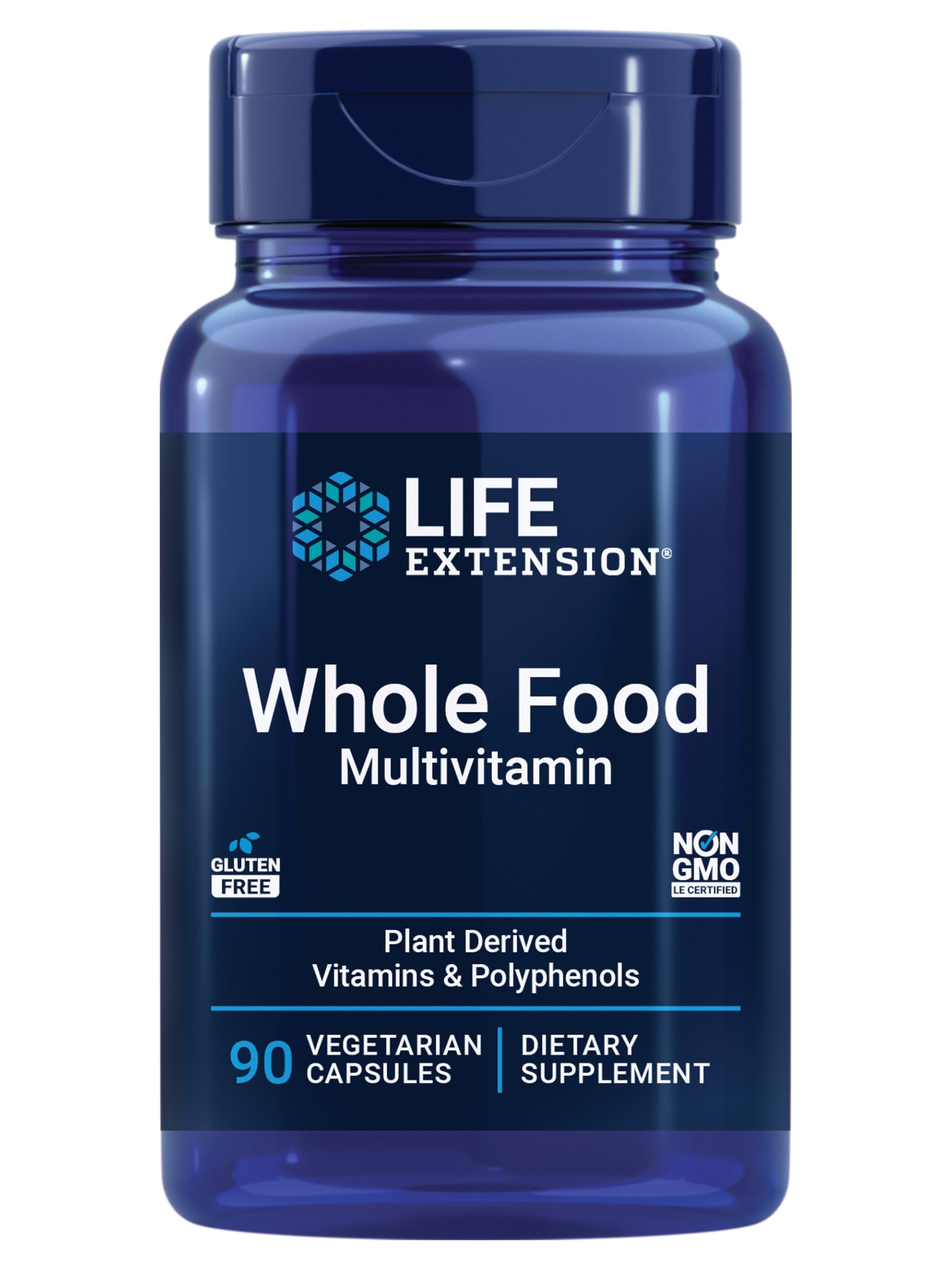 Life Extension Whole Food Multivitamin bottle front showing plant-based nutrients for daily wellness