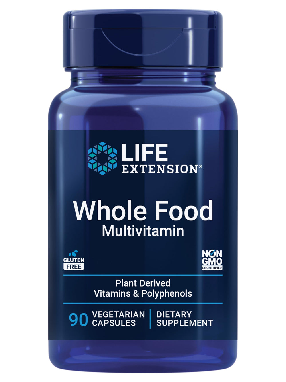 Life Extension Whole Food Multivitamin bottle front showing plant-based nutrients for daily wellness