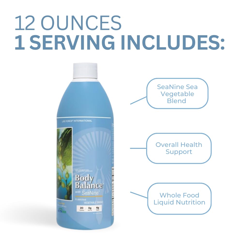 Life Force Body Balance bottle showcases honey and sea greens.