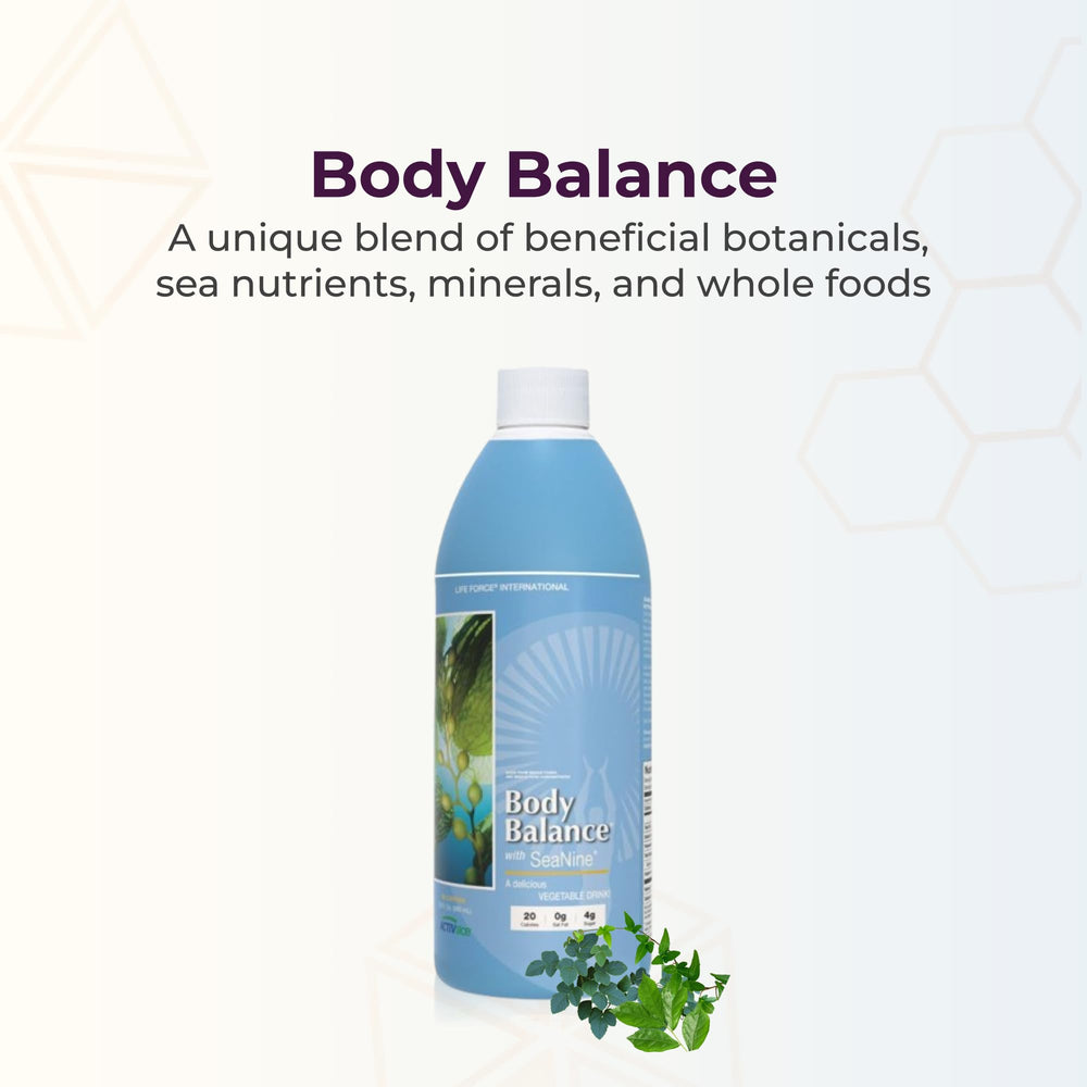 Life Force Body Balance label closeup highlights ingredients for daily wellness.