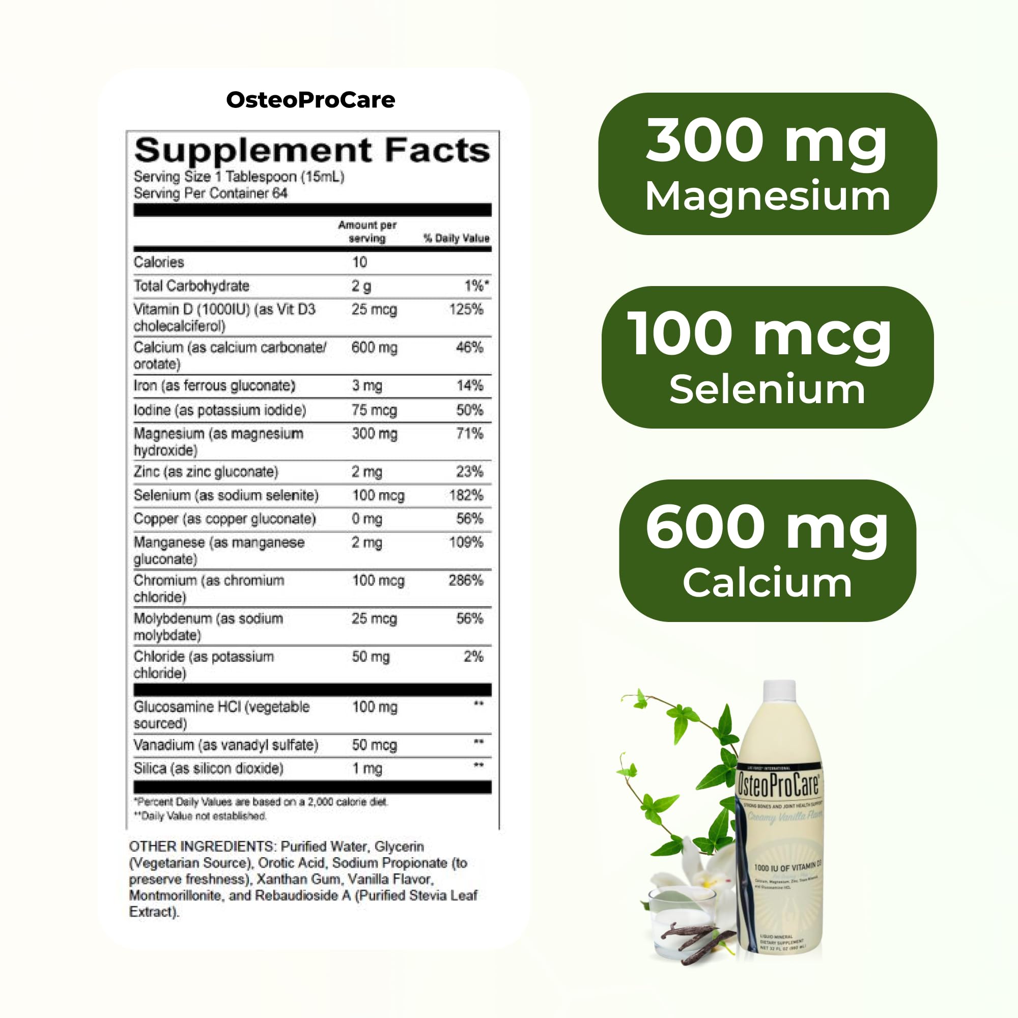 Measuring scoop beside Life Force OsteoProCare Bone Juice highlights liquid formula.
