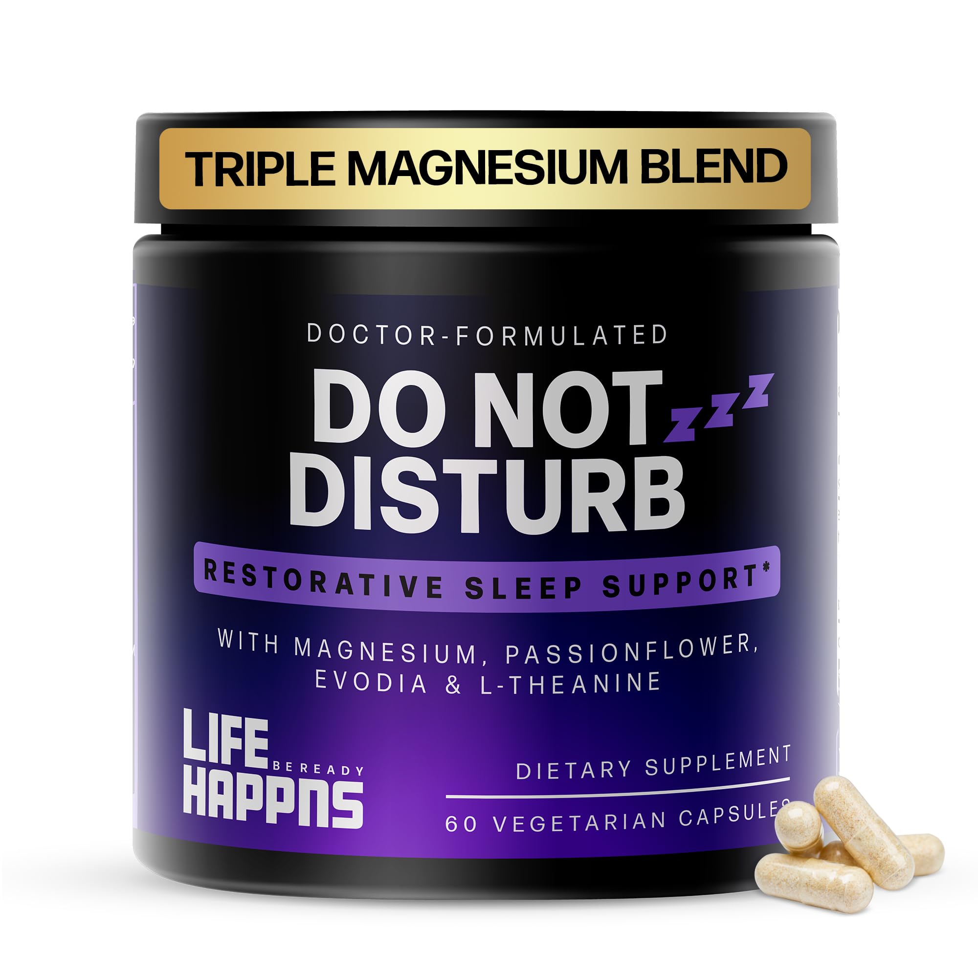 Life Happens Be Ready triple magnesium bottle promotes nightly relaxation.