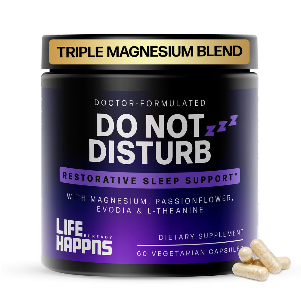 Life Happens Be Ready triple magnesium bottle promotes nightly relaxation.