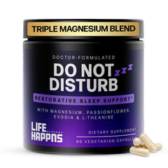 Life Happens Be Ready triple magnesium bottle promotes nightly relaxation.