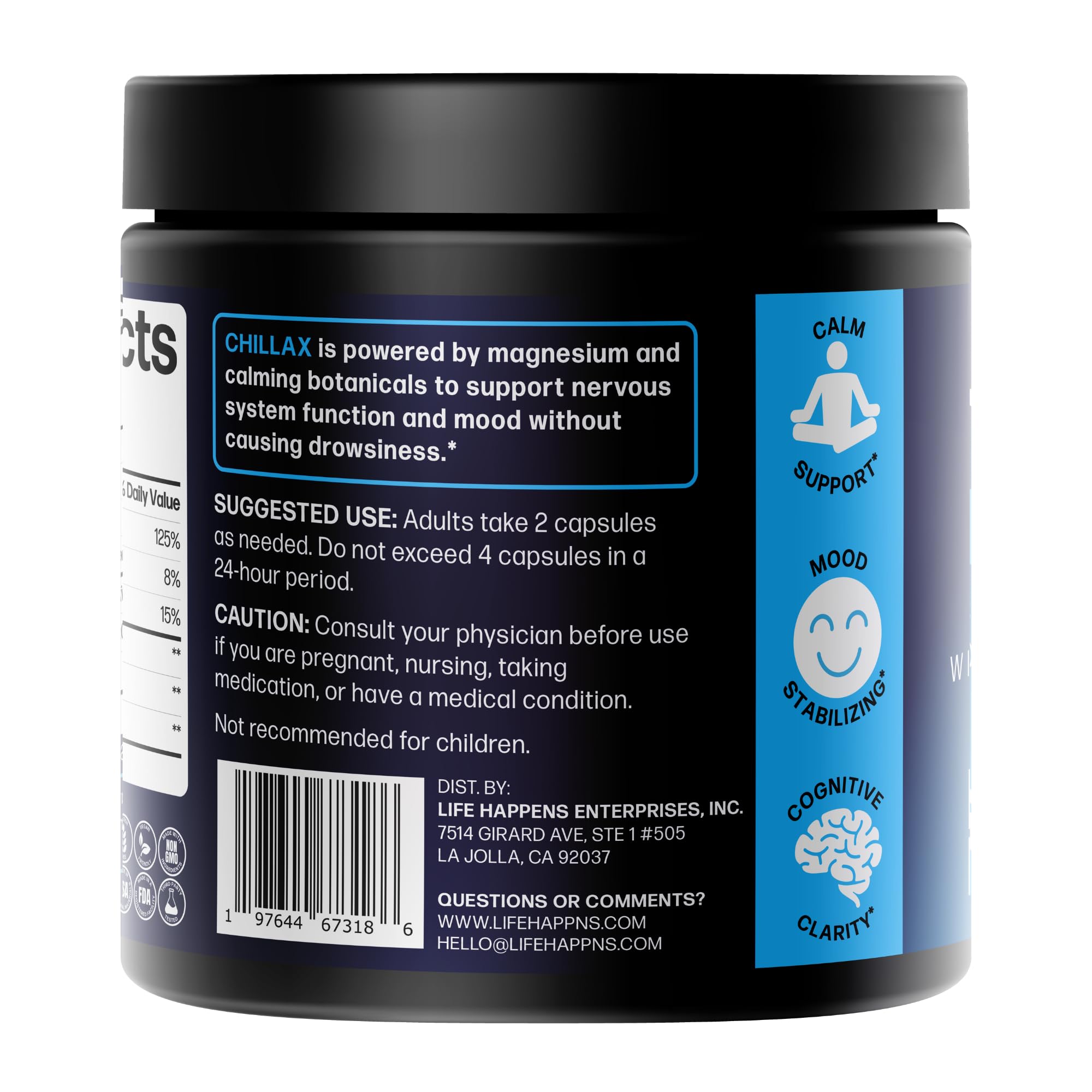 Life Happns vegan non-GMO label reflects clean formula.