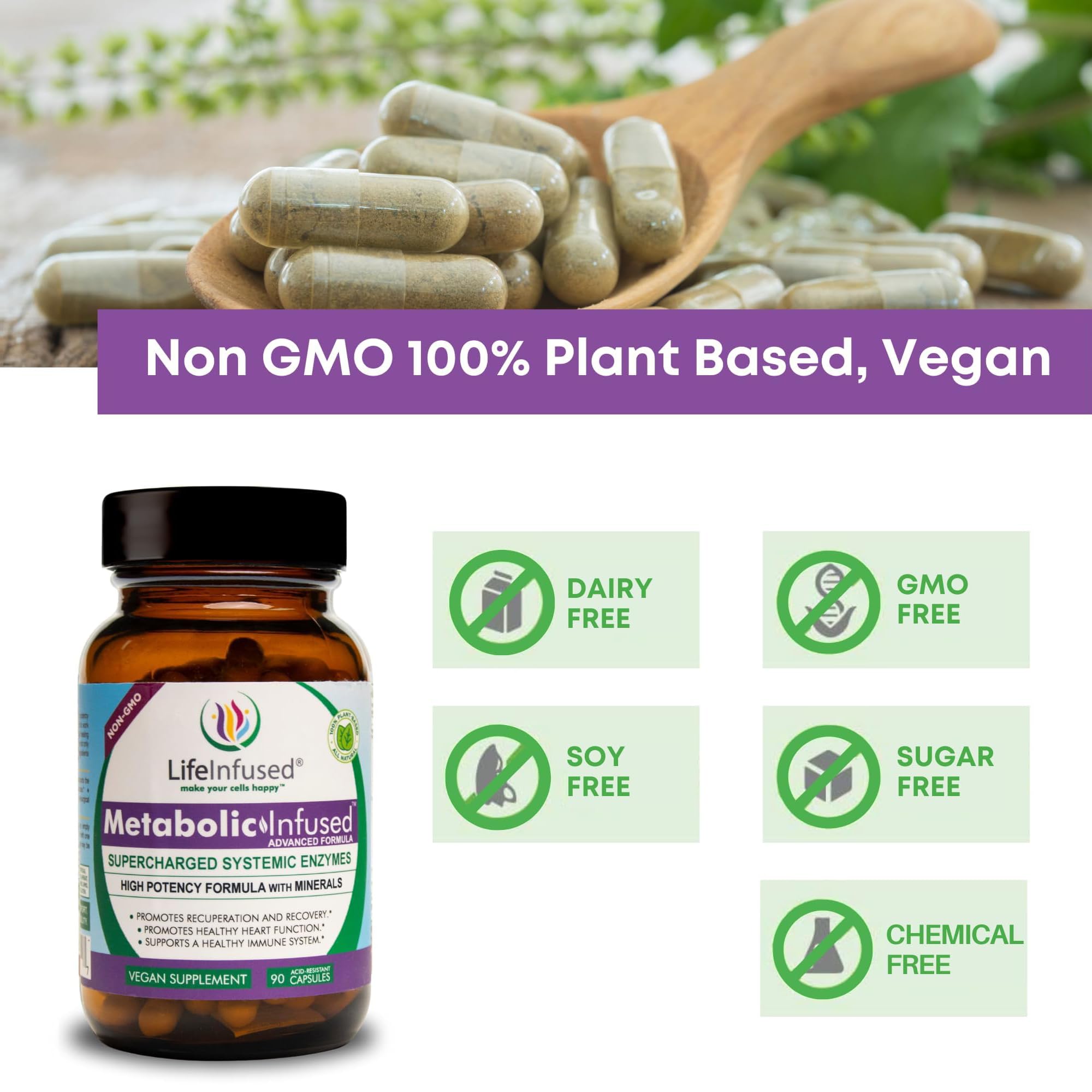 Life Infused Bromelain Papain enzymes close-up hints recovery support.