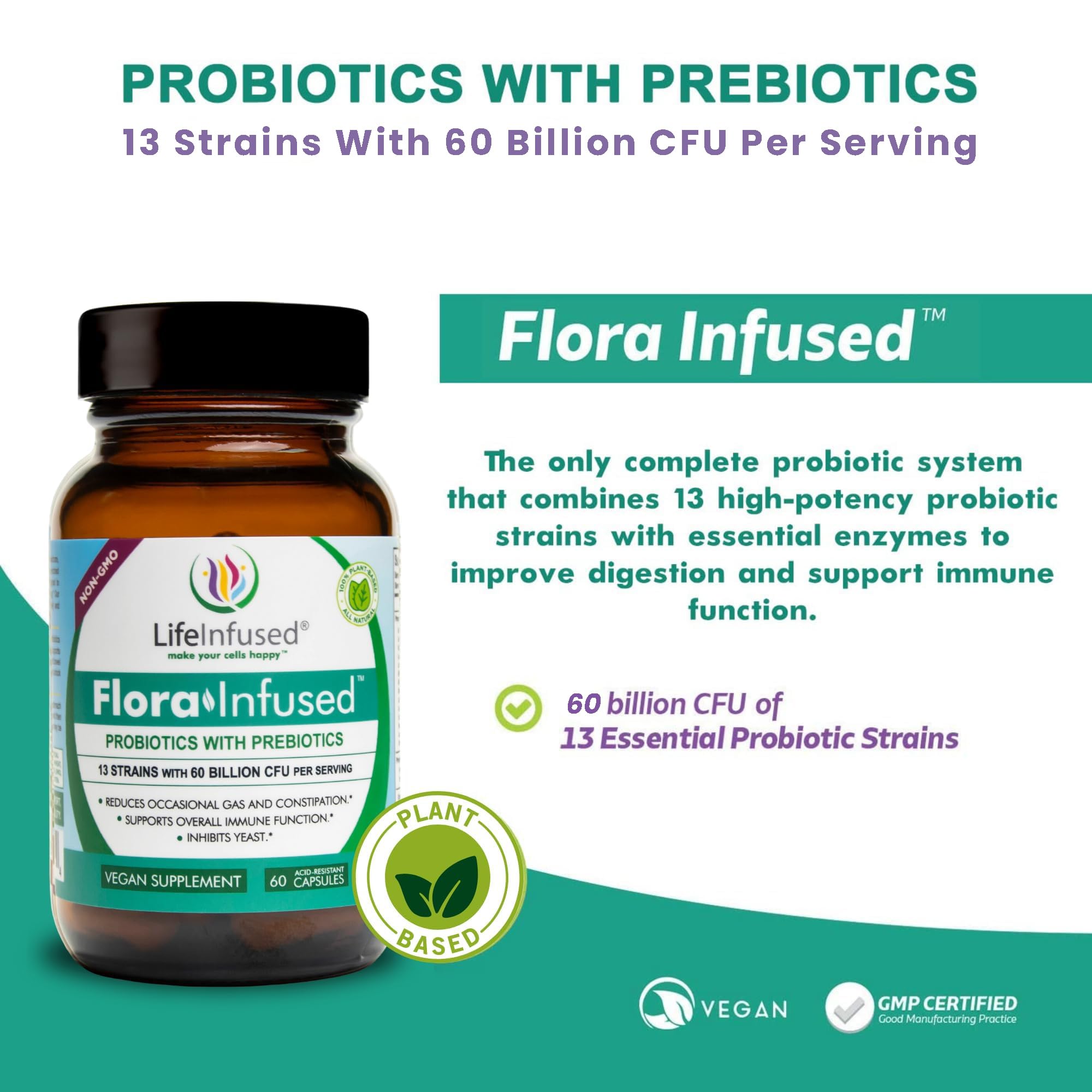 Life Infused Flora Infused Probiotics capsules in bottle ready for daily digestive support.
