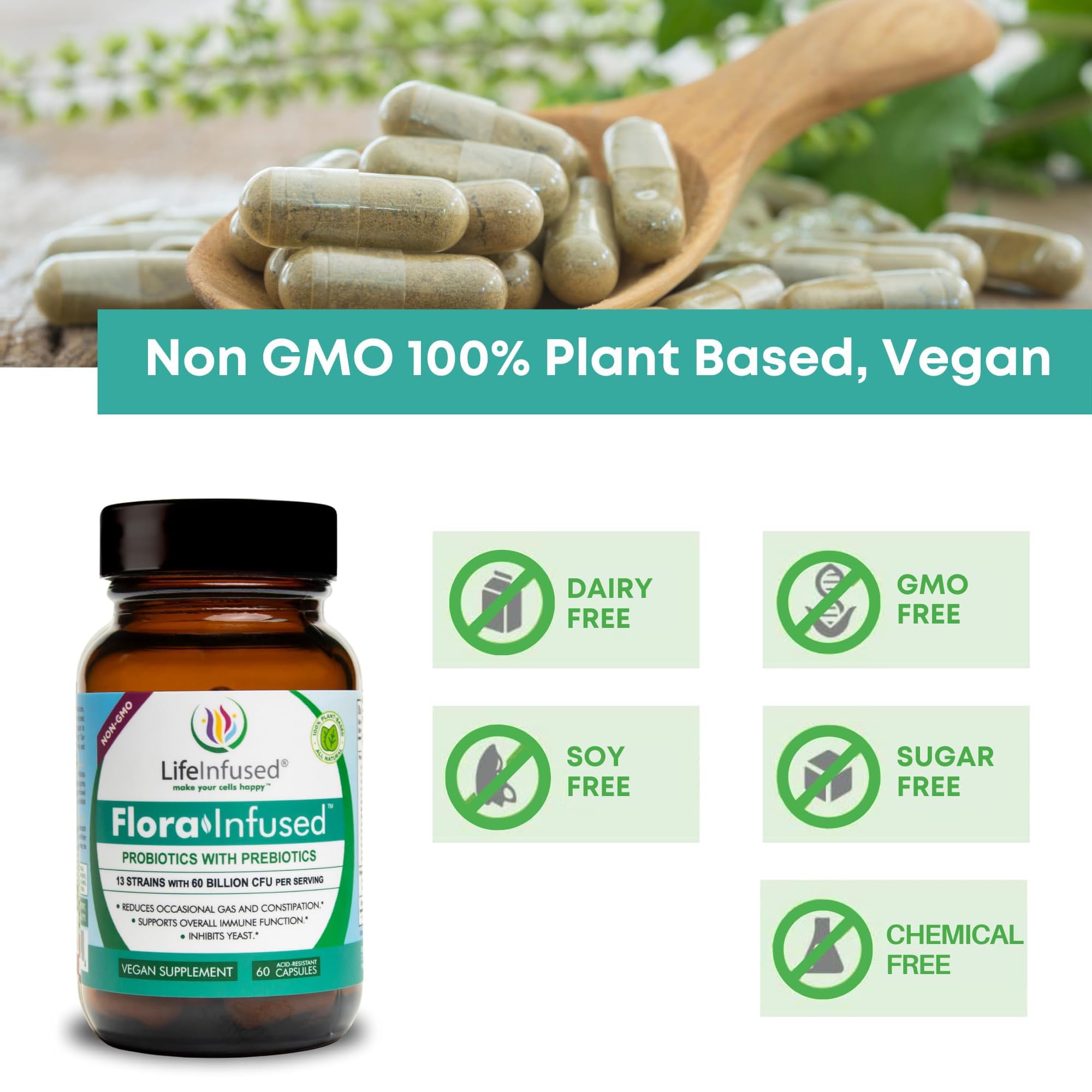 Life Infused Flora Infused Probiotics capsules with prebiotic enzyme blend aiding digestion.