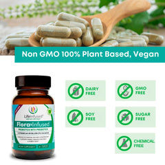 Life Infused Flora Infused Probiotics capsules with prebiotic enzyme blend aiding digestion.