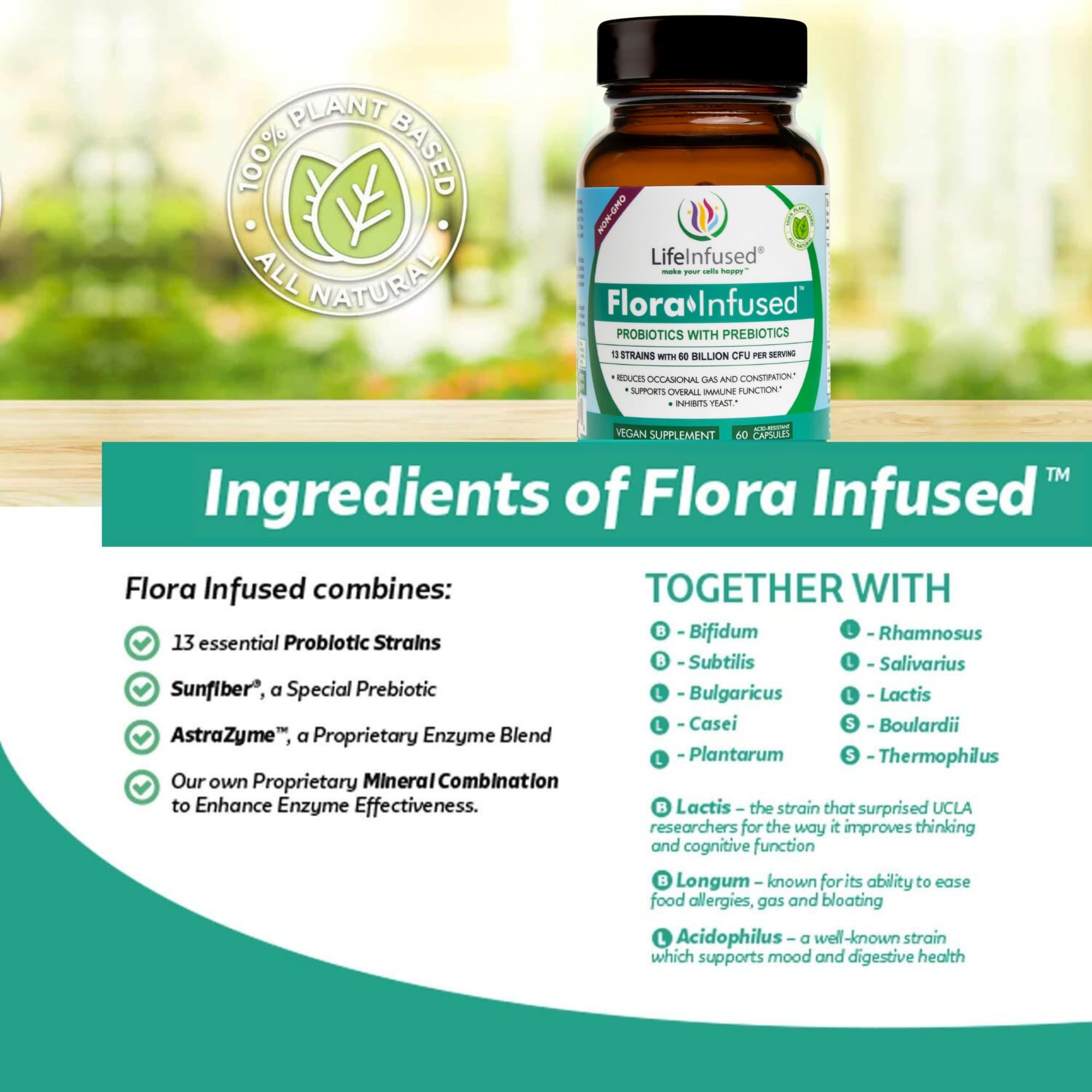 Life Infused Flora Infused Probiotics packaging highlights vegan and non-GMO assurance.