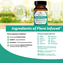 Life Infused Flora Infused Probiotics packaging highlights vegan and non-GMO assurance.