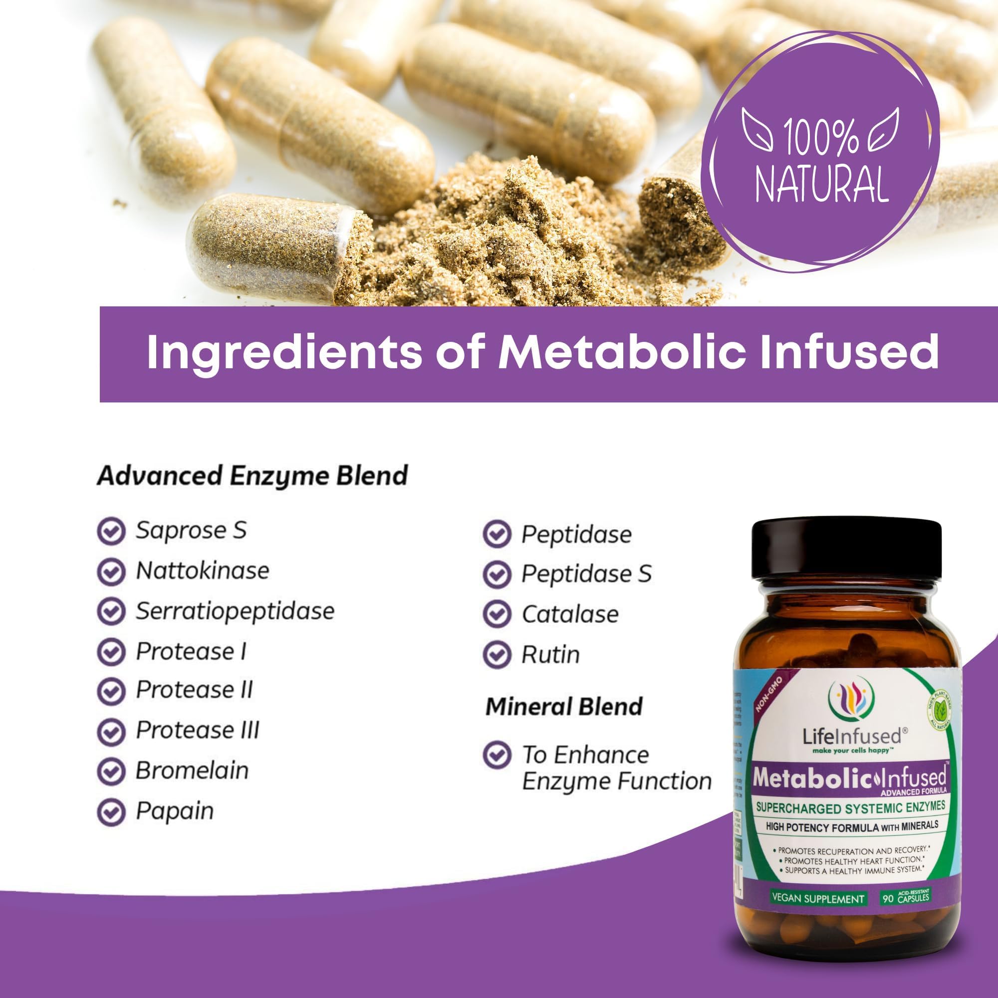 Life Infused Metabolic Enzymes capsules close-up highlights vegan, non-GMO capsules.