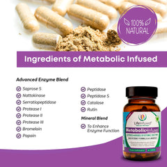 Life Infused Metabolic Enzymes capsules close-up highlights vegan, non-GMO capsules.