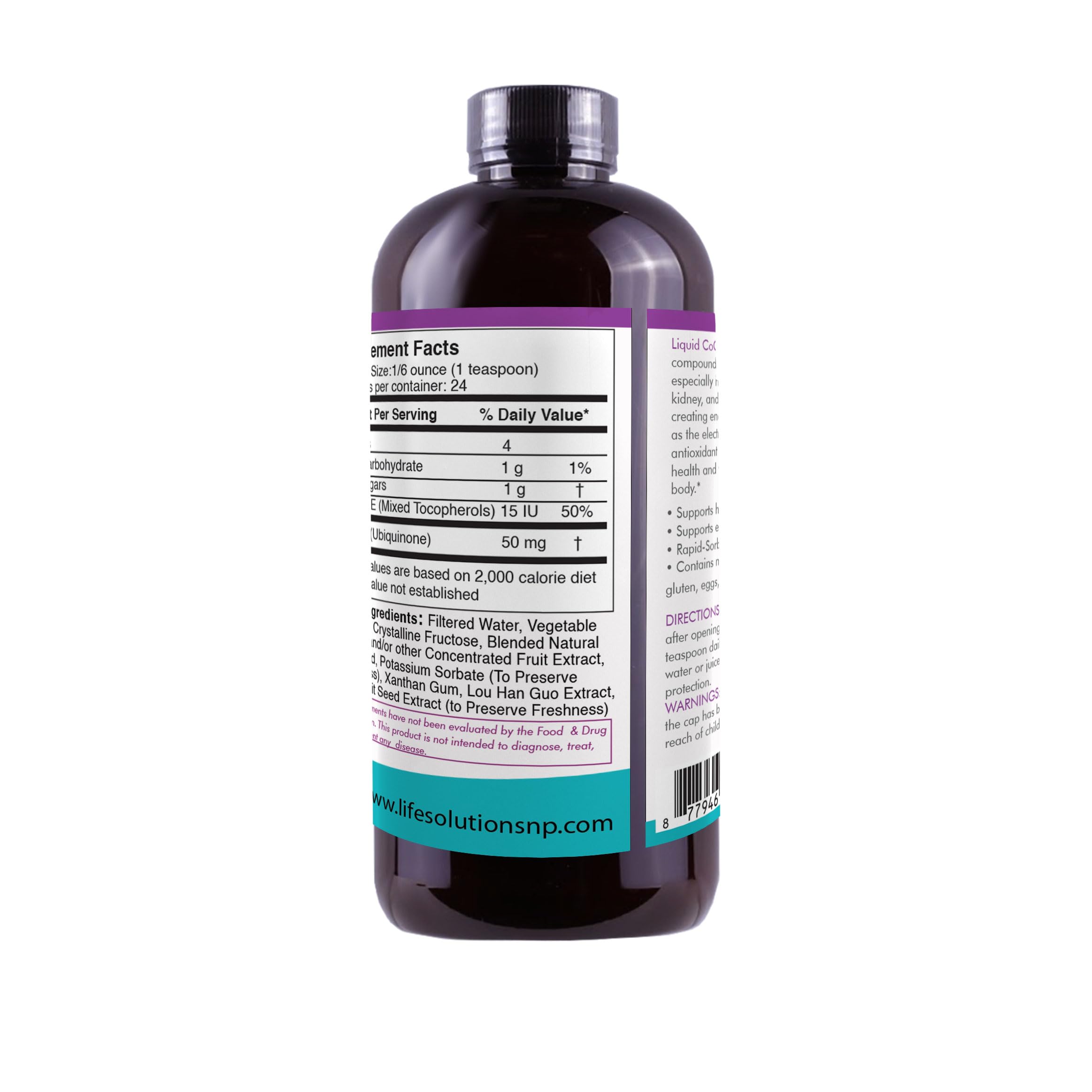 Life Solutions CoQ10 label closeup—high purity ingredients.