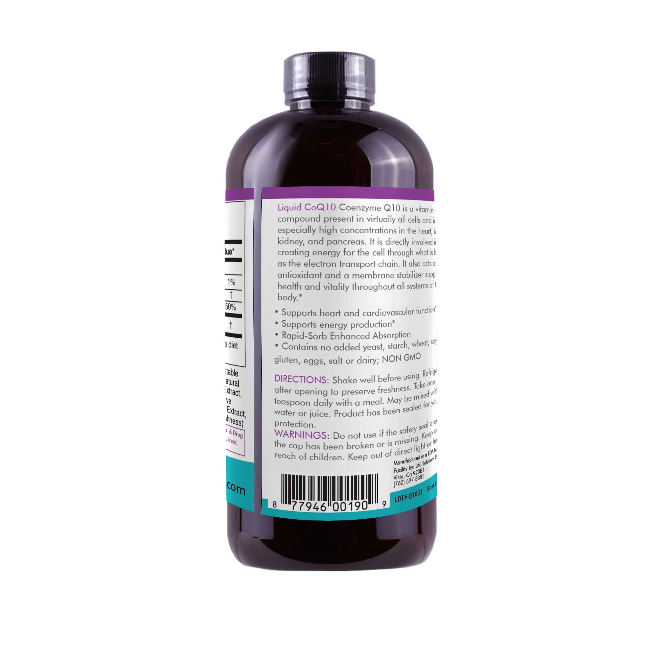 Life Solutions liquid CoQ10 glass showing the supplement.