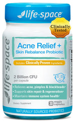 Life-Space Acne Relief bottle front highlighting skin balance benefits.