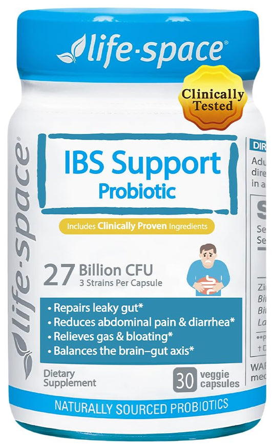 Life-Space IBS Support Probiotic bottle front with 27 Billion CFU for gut balance.