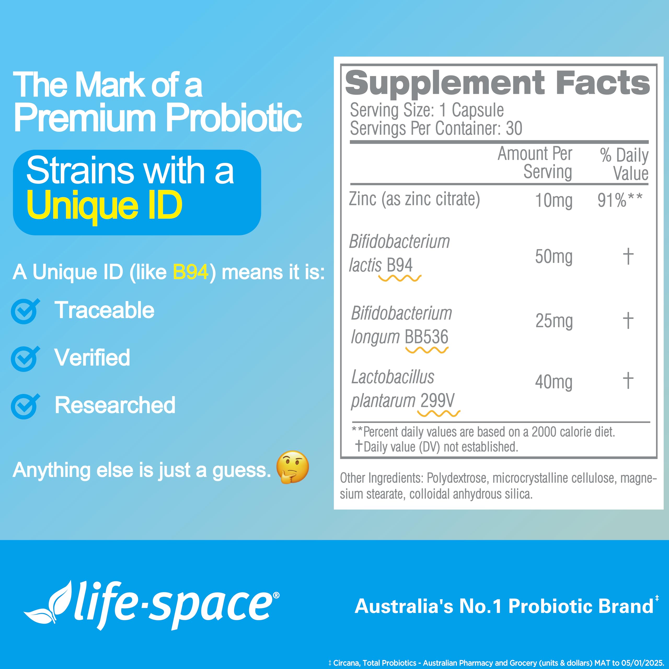 Life-Space IBS ingredient label highlights Lactobacillus plantarum 299V for gut support.