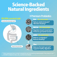 Life-Space IBS probiotic label detail lists strains and zinc addition.