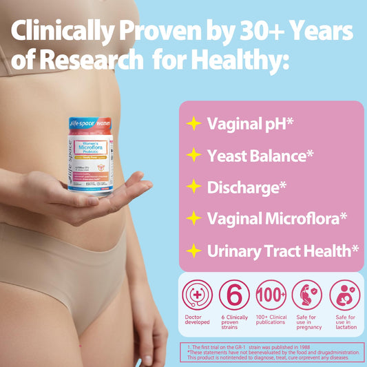 Life-Space Probiotic for Women bottle back label details strains and daily use benefits.