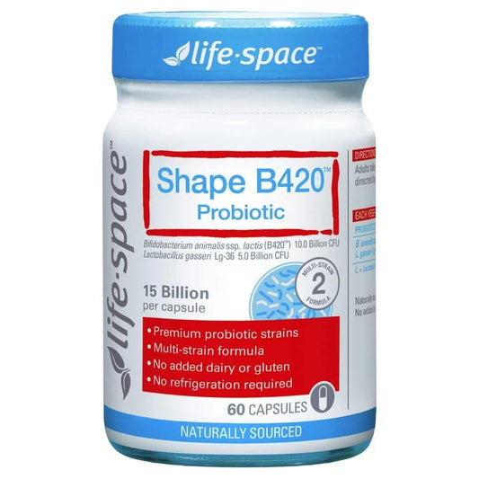 Life-Space Shape B420 probiotic bottle with 60 capsules supporting digestive comfort.