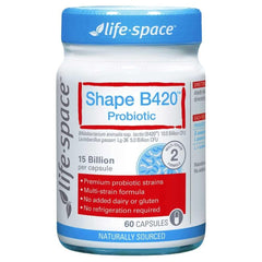 Life-Space Shape B420 probiotic bottle with 60 capsules supporting digestive comfort.