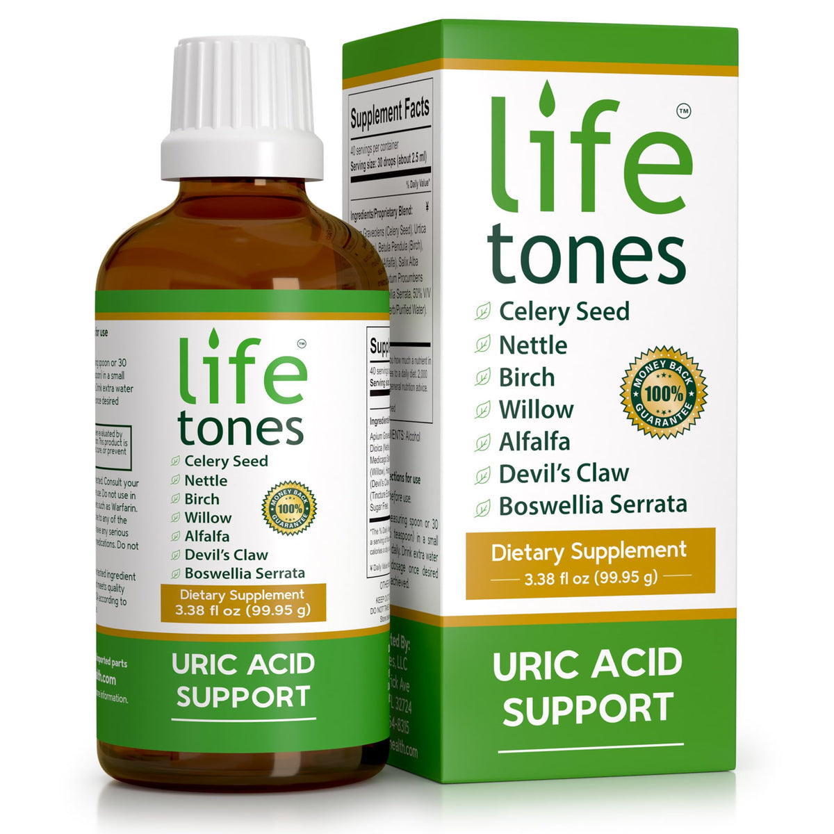 Life Tones Uric Acid Support bottle front showing herbal liquid for joint comfort.