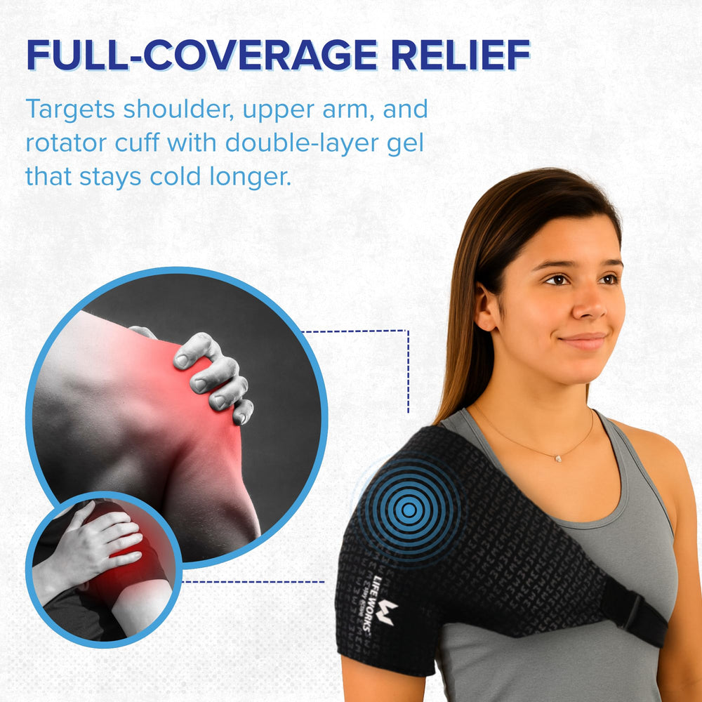 LIFE WORKS Shoulder Ice Gel Pack back view highlights reversible design for left or right shoulder.