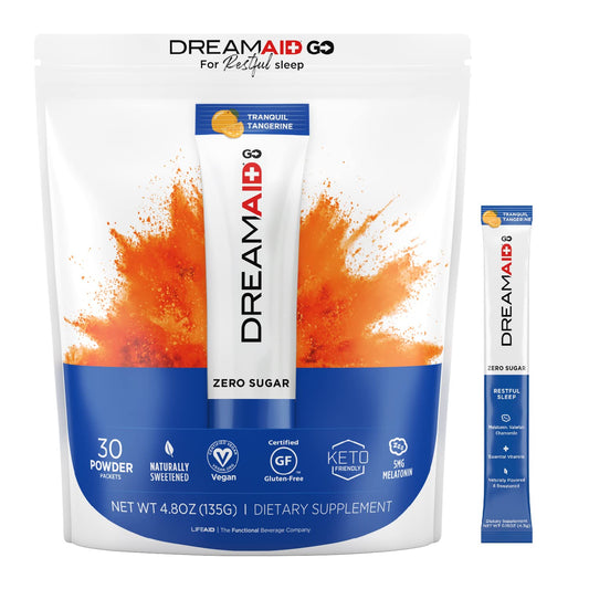 LifeAID DreamAid sleep drink can close-up highlighting zero sugar for keto-friendly evenings.