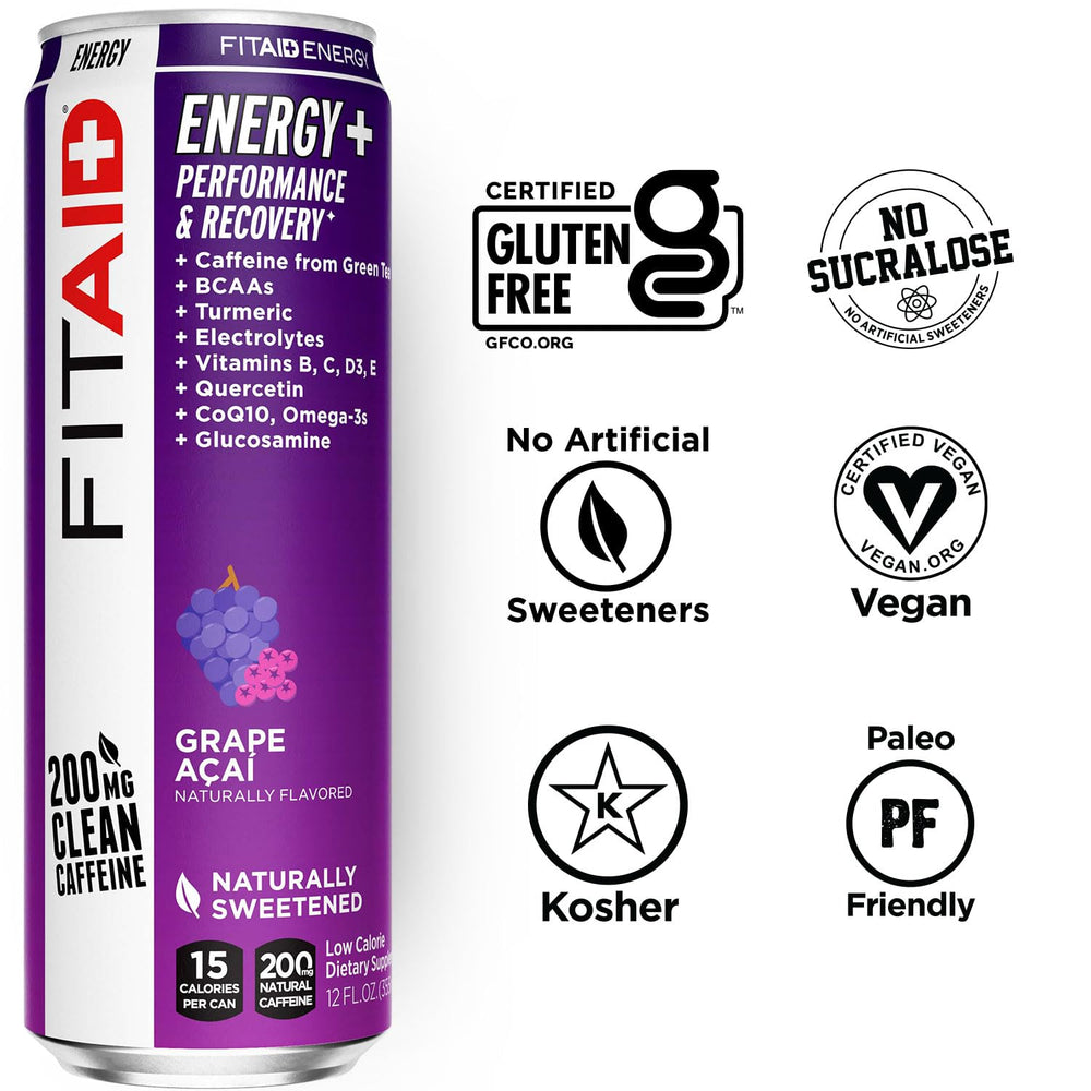 LIFEAID FITAID Energy Grape Açai can label highlights vegan, gluten-free ingredients.