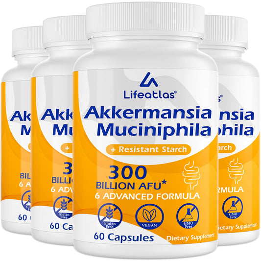 Lifeatlas Akkermansia bottle with pour spout supports easy daily probiotic use.