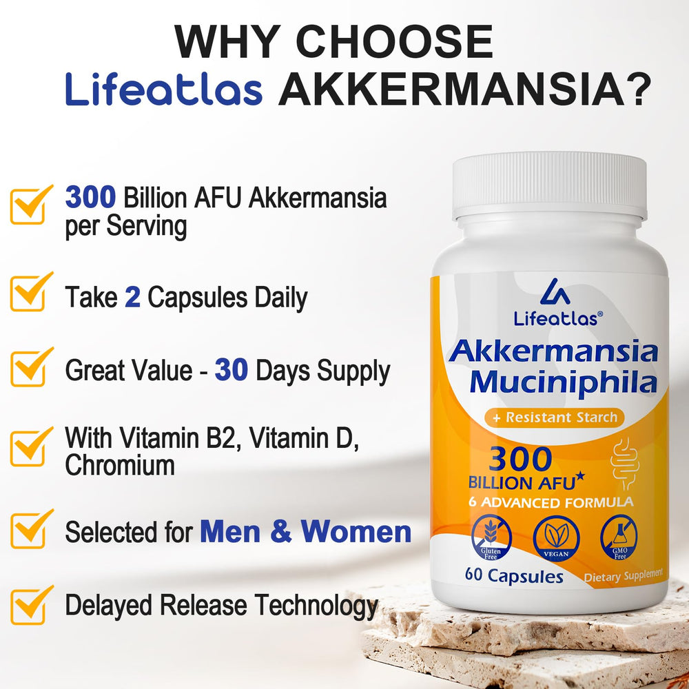 Lifeatlas Akkermansia daily-use scene with a 120-cap bottle for convenience