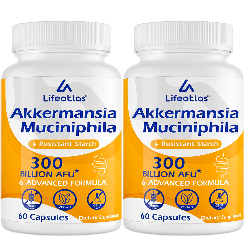 Lifeatlas Akkermansia probiotic bottle showcasing high-potency gut health benefits