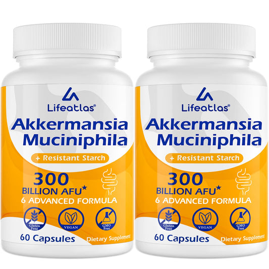 Lifeatlas Akkermansia probiotic bottle showcasing high-potency gut health benefits
