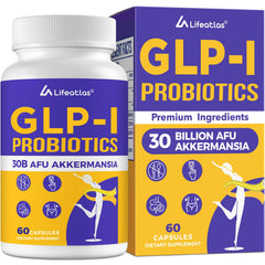 Lifeatlas GLP-I probiotic bottle showing 60-count daily supplement for all genders.