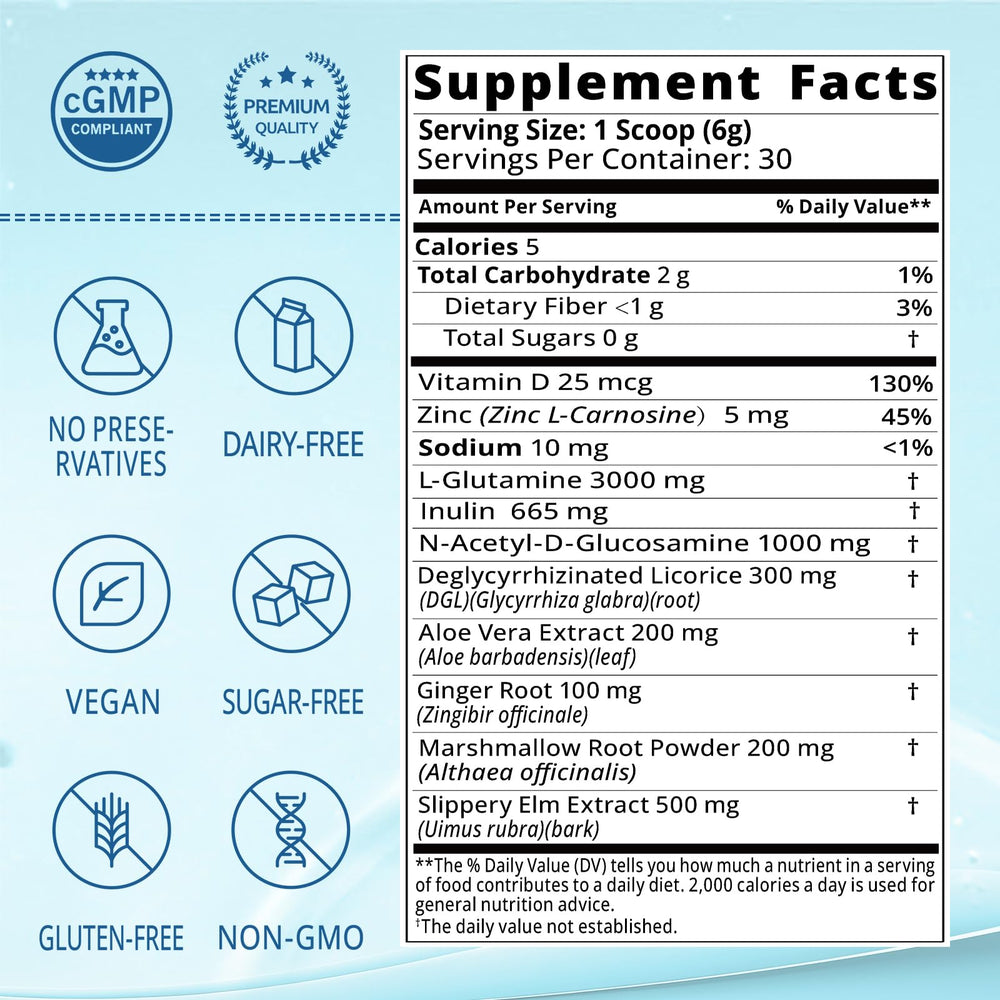 Lifebooil Leaky Gut Powder with DGL Licorice bottle promotes mucosal comfort.