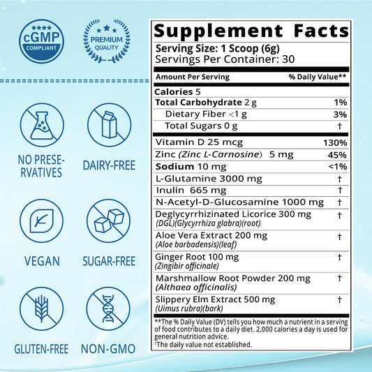 Lifebooil Leaky Gut Powder with DGL Licorice bottle promotes mucosal comfort.