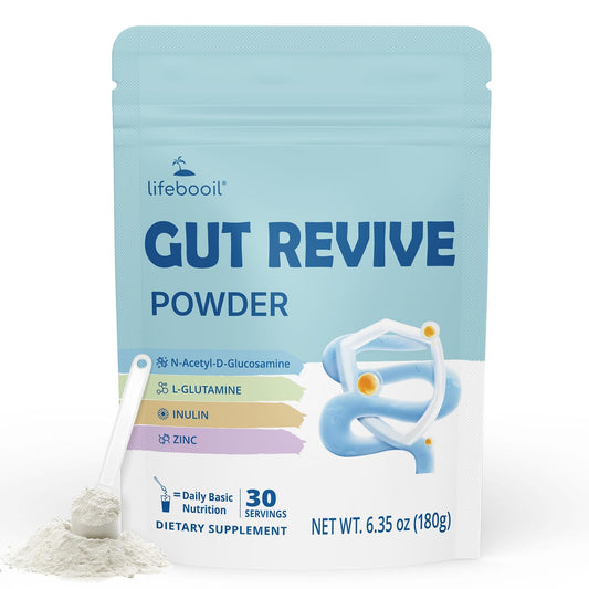 Lifebooil Leaky Gut Powder with L-Glutamine bottle supports gut lining and digestion.