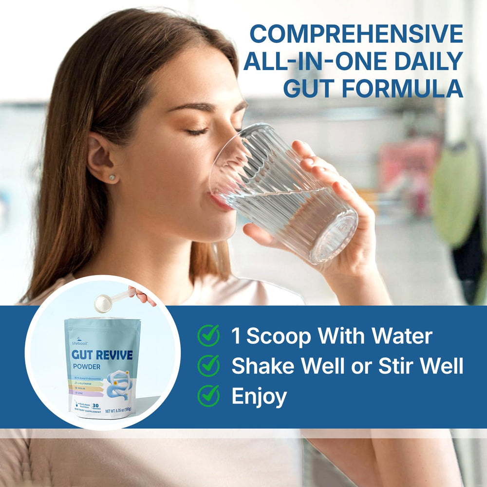 Lifebooil Leaky Gut Powder unflavored powder jar ready to mix.