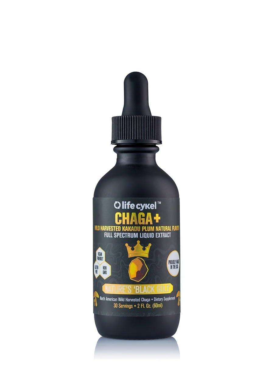 Life Cykel chaga Kakadu Plum bottle on shelf highlighting immune support potential