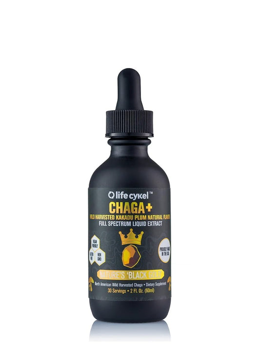 Life Cykel chaga Kakadu Plum bottle on shelf highlighting immune support potential