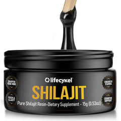 Life Cykel Himalayan Shilajit Resin closeup highlights natural mineral-rich texture.
