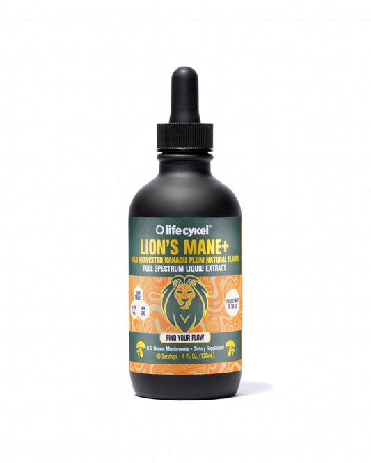 Life Cykel Lion's Mane bottle with dropper for mental clarity.