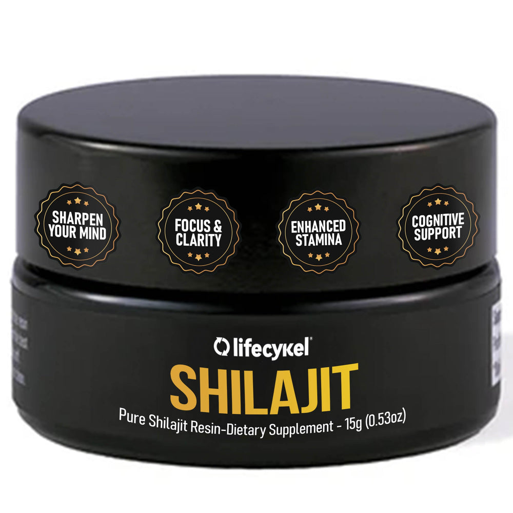 Life Cykel Shilajit Resin drops in warm water for easy daily dissolve.
