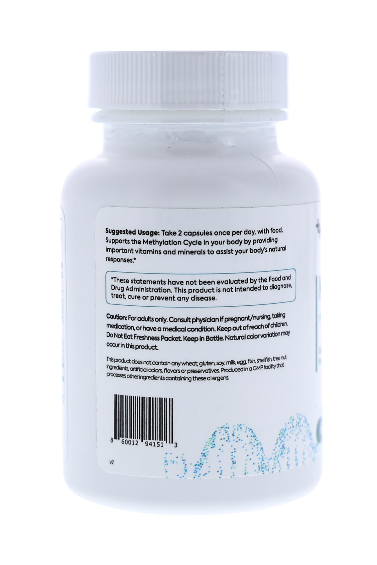 LIFEDNA Methyl + Methylfolate capsules close-up emphasizes nine-ingredient formula