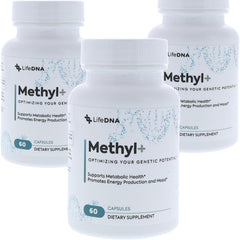 LIFEDNA Methyl+ bottle with capsules highlighting active folate for methylation support.