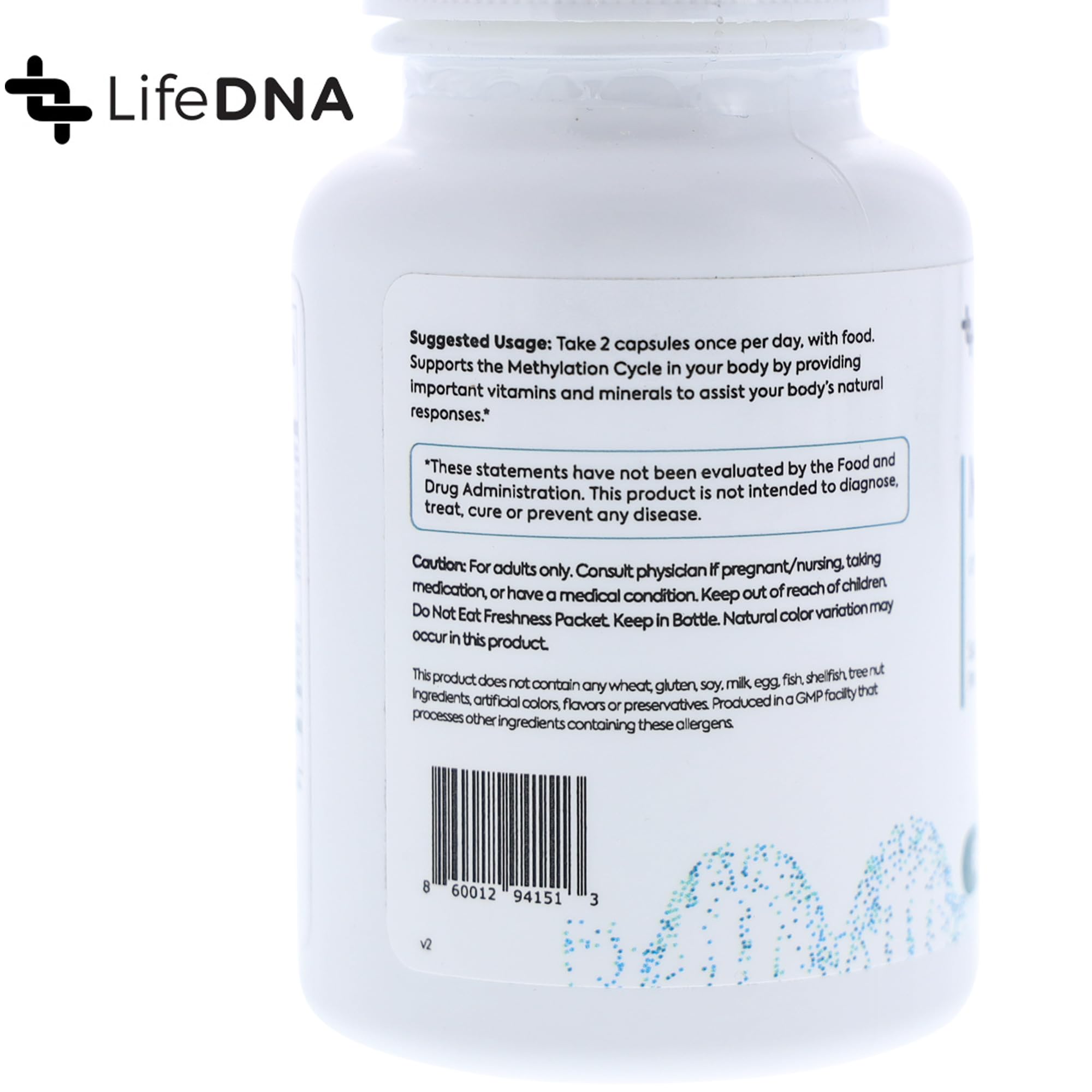 LIFEDNA Methyl+ bottle label close-up showcasing the nine-key nutrient blend for methylation support.
