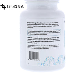 LIFEDNA Methyl+ bottle label close-up showcasing the nine-key nutrient blend for methylation support.