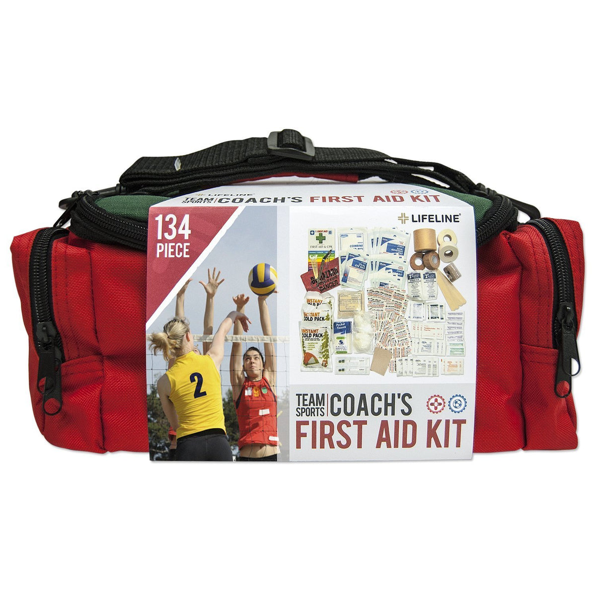 LIFELINE Team Sports Coach First Aid Kit in red duffle bag ready for on-the-spot sports emergencies