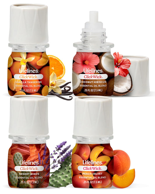 Lifelines ClickWick Sun-Kissed Escape coconut hibiscus bottle ready to diffuse and elevate mood